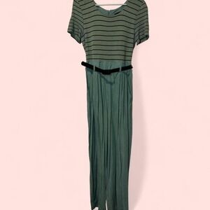 Stripped Green Romper with Belt & Pockets | Cottagecore Soft Girl